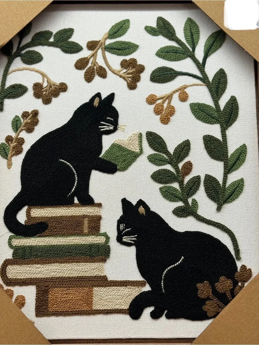 Embroidered Cat and Botanical Wall Art